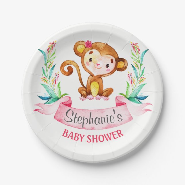 Watercolor Monkey Girl Baby Shower Paper Plate (Front)