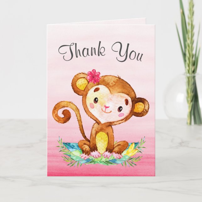 Watercolor Monkey Girl Thank You Card (Front)