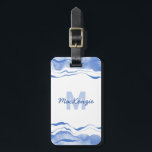 Watercolor Monogram Abstract Blue Agate Luggage Tag<br><div class="desc">Blue and white watercolor painting of abstract ocean waves.
Modern elegant monogram with personalized name and initial.
Add your details to the back.</div>