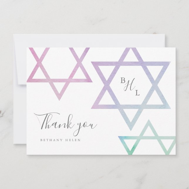Watercolor Monogram Bat Mitzvah Thank You Card (Front)