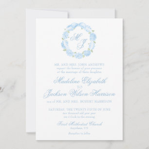 Watercolor Monogram Blue Hydrangea Wreath Wedding Invitation