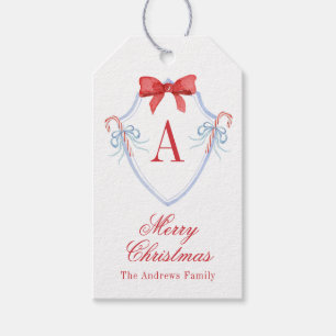 Watercolor Monogram Bow Candy Cane Crest Gift Tags