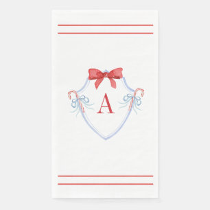 Watercolor Monogram Bow Candy Cane Crest Napkin