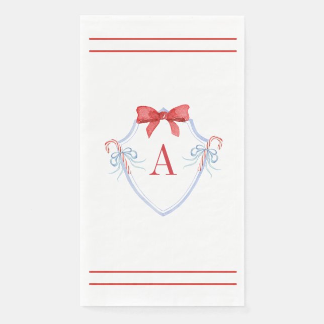 Watercolor Monogram Bow Candy Cane Crest Napkin (Front)