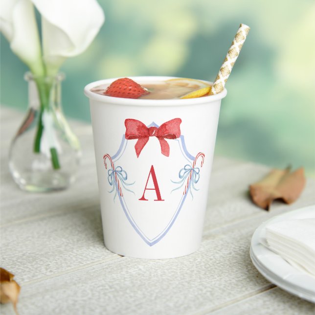 Watercolor Monogram Bow Candy Cane Crest Paper Cups (Insitu)