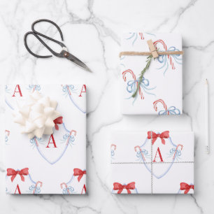 Watercolor Monogram Bow Candy Cane Crest Wrapping Paper Sheet
