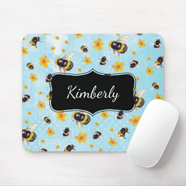 Watercolor Monogram Bumblebee Mouse Pad (With Mouse)