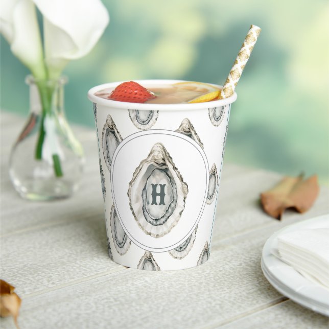 Watercolor Monogram Coastal Oyster Paper Cups (Insitu)