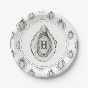 Watercolor Monogram Coastal Oyster Paper Plate
