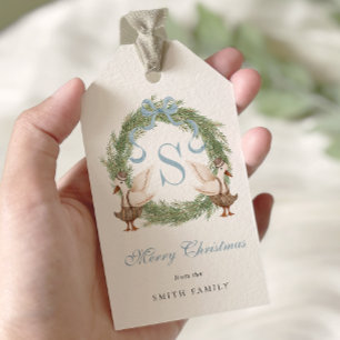 Watercolor Monogram Crest Ornate Wreath Christmas Gift Tags