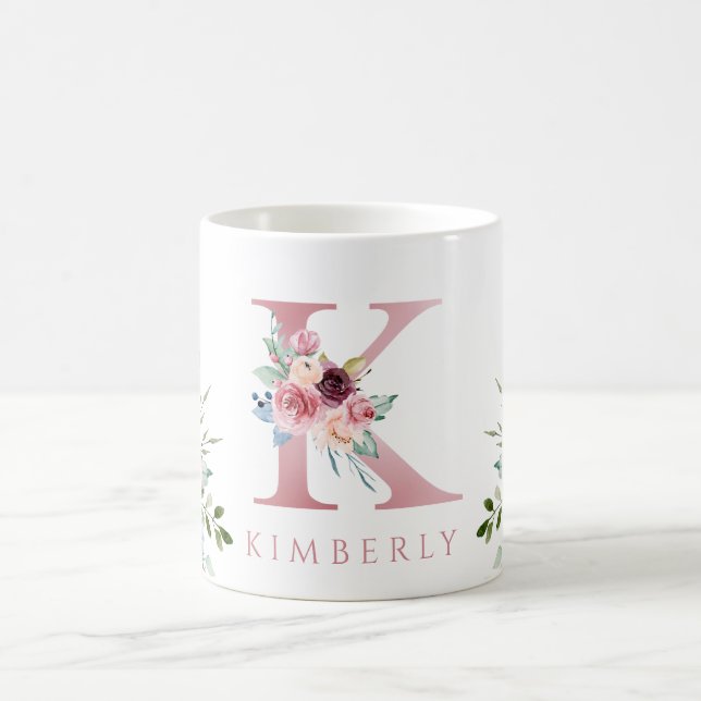 Watercolor Monogram Floral Letter K Coffee Mug (Center)