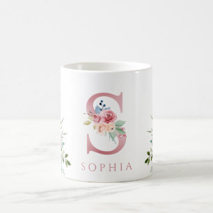 Watercolor Monogram Floral Letter S Coffee Mug