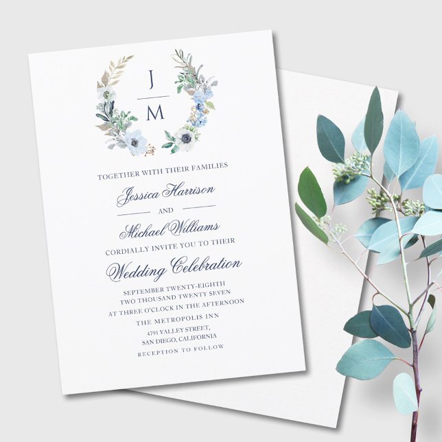Watercolor Monogram Floral Wreath Wedding Invitation (Creator Uploaded)