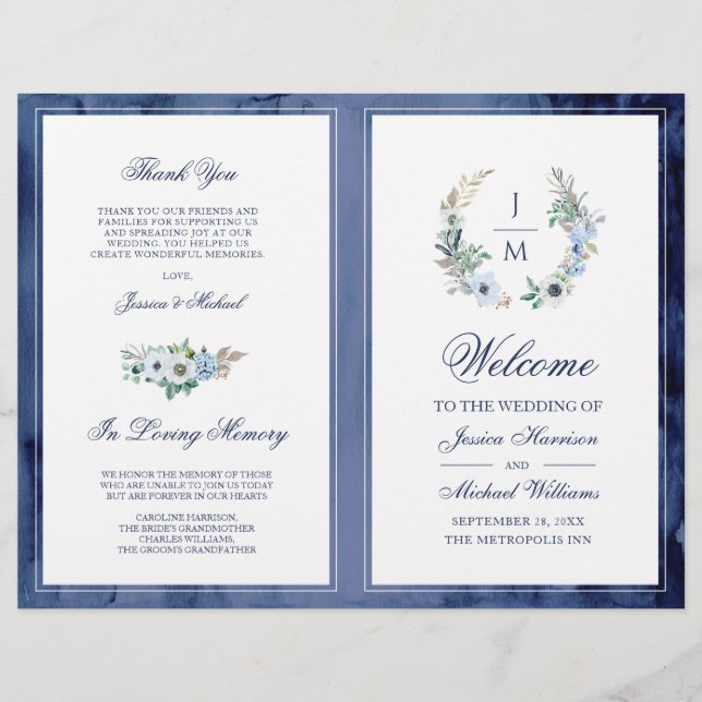 Watercolor Monogram Floral Wreath Wedding Program (Front)