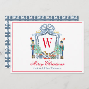 Watercolor Monogram Initial Nutcracker Crest Holiday Card
