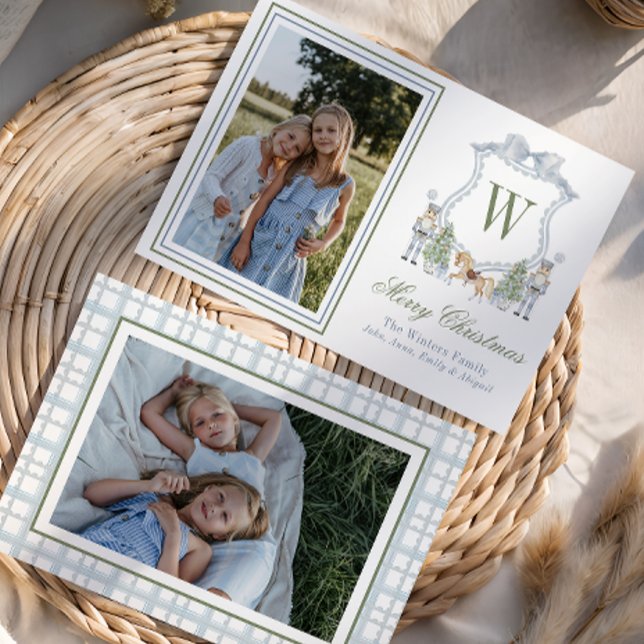 Watercolor Monogram Initial Nutcracker Crest Photo Holiday Card (Creator Uploaded)