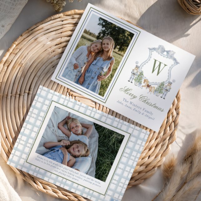 Watercolor Monogram Initial Nutcracker Crest Photo Holiday Card (Creator Uploaded)