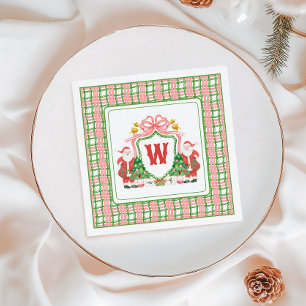 Watercolor Monogram Initial Plaid Santa Crest Napkin