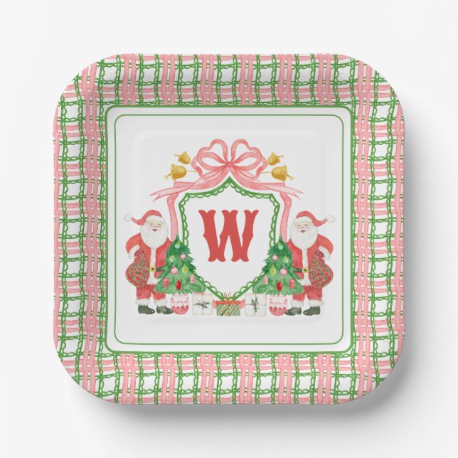 Watercolor Monogram Initial Plaid Santa Crest Paper Plate (Front)