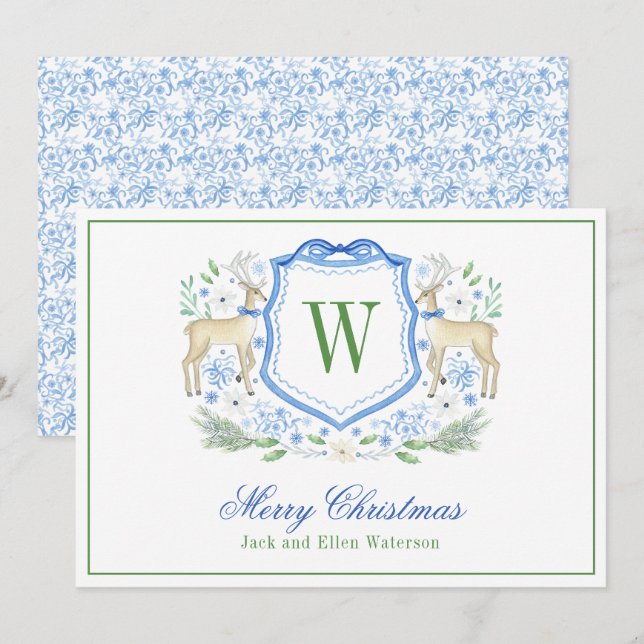 Watercolor Monogram Initial Reindeer Crest Holiday Card (Front/Back)