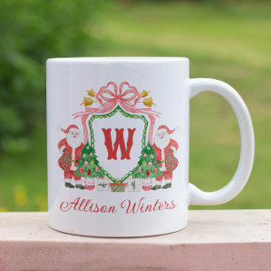 Watercolor Monogram Initial Santa Crest Coffee Mug