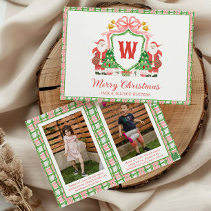 Watercolor Monogram Initial Santa Crest Photo Holiday Card