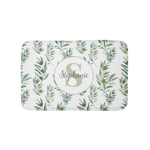 Watercolor Monogram Name Olive Branches Pattern Bath Mat