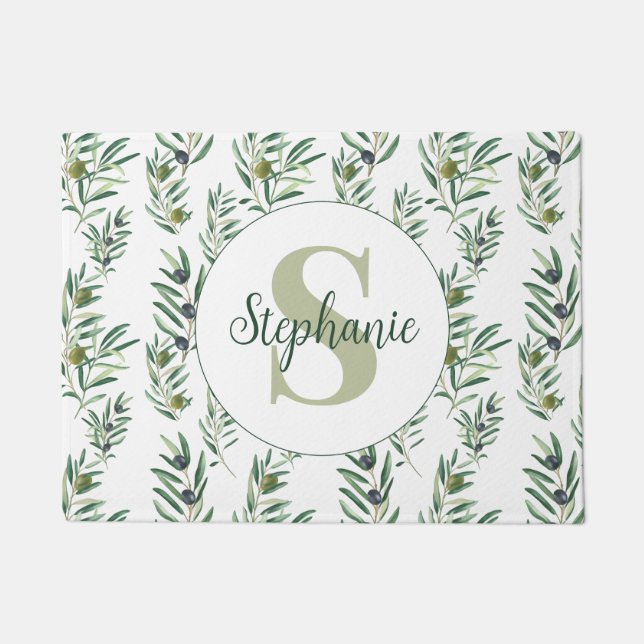 Watercolor Monogram Name Olive Branches Pattern Doormat (Front)