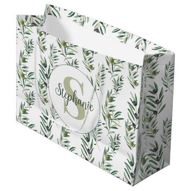 Watercolor Monogram Name Olive Branches Pattern Large Gift Bag (Front Angled)
