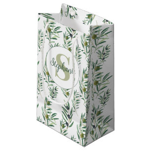 Watercolor Monogram Name Olive Branches Pattern Small Gift Bag