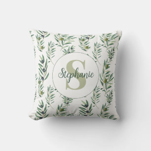 Watercolor Monogram Name Olive Branches Pattern Throw Pillow