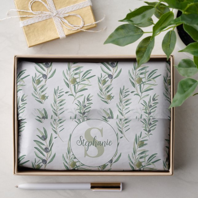 Watercolor Monogram Name Olive Branches Pattern Tissue Paper (Gift)