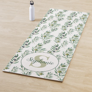 Watercolor Monogram Name Olive Branches Pattern Yoga Mat