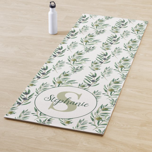 Watercolor Monogram Name Olive Branches Pattern Yoga Mat (In Situ)