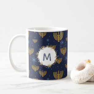 Watercolor Monogram Navy Blue + Hanukkah Pattern Coffee Mug
