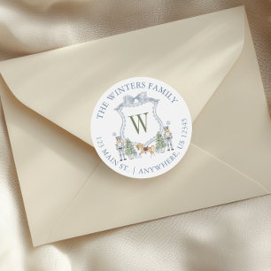 Watercolor Monogram Nutcracker Crest Address Classic Round Sticker