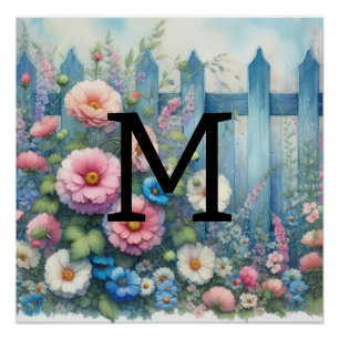 Watercolor monogram pastels flowers on blue wood poster