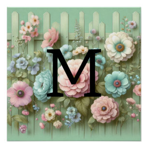 Watercolor monogram pastels flowers on green wood poster