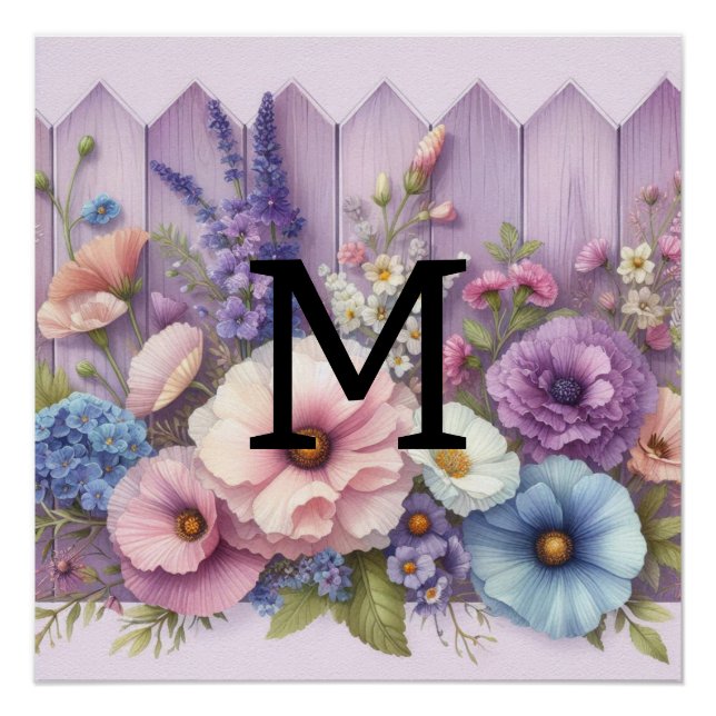 Watercolor monogram pastels flowers on purple wood poster (Front)