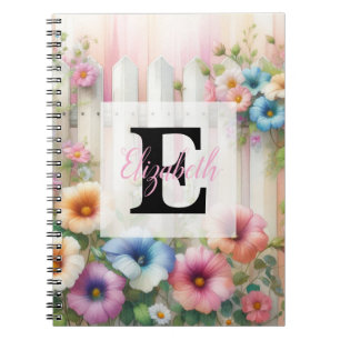 Watercolor monogram pastels flowers on white wood notebook
