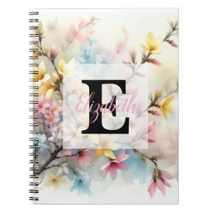Watercolor monogram pink yellow Spring flowers  Notebook