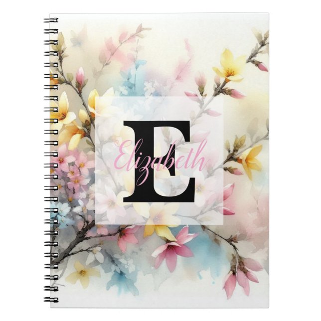 Watercolor monogram pink yellow Spring flowers  Notebook (Front)