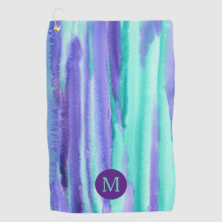 Watercolor Monogram Purple Turquoise Stripes Paint Golf Towel
