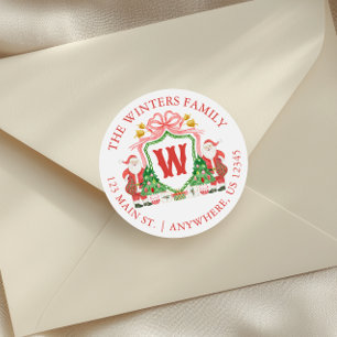 Watercolor Monogram Santa Crest Address Classic Round Sticker