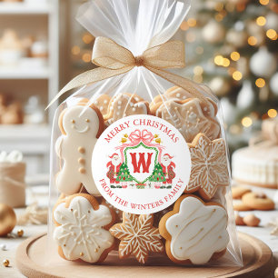 Watercolor Monogram Santa Crest Christmas Classic Round Sticker