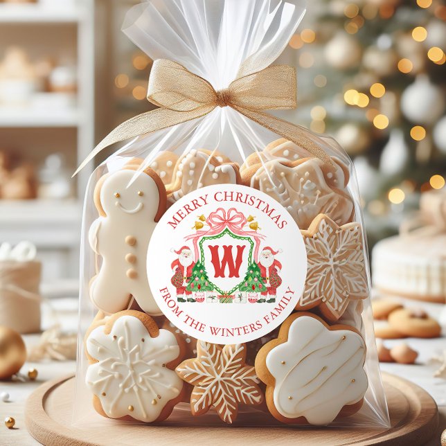 Watercolor Monogram Santa Crest Christmas Classic Round Sticker (Creator Uploaded)