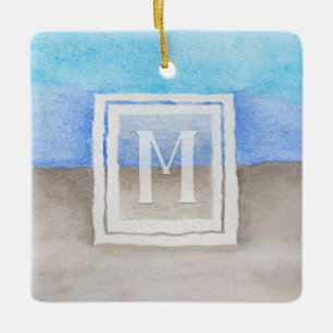 Watercolor Monogram Sea & Sand Blue and Tan Ceramic Ornament