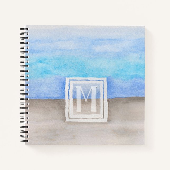 Watercolor Monogram Sea & Sand Blue and Tan Notebook (Front)