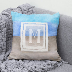 Watercolor Monogram Sea & Sand Blue and Tan Throw Pillow