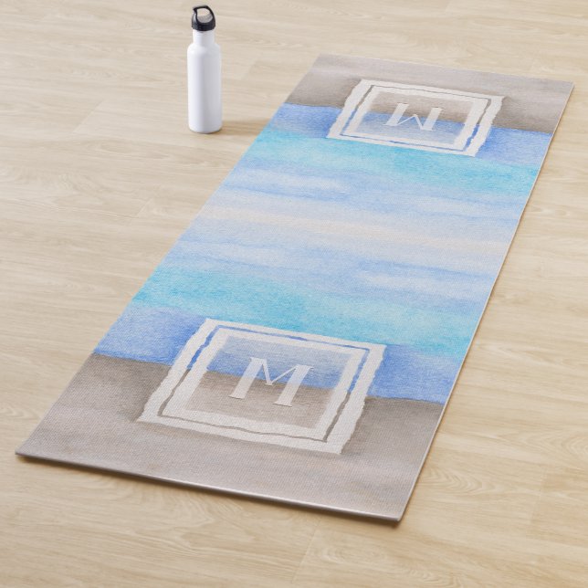 Watercolor Monogram Sea & Sand Blue and Tan  Yoga Mat (In Situ)